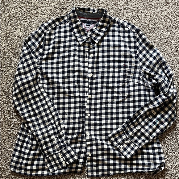 Tommy Hilfiger Navy and White Checkered Button Down Shirt - Picture 1 of 4